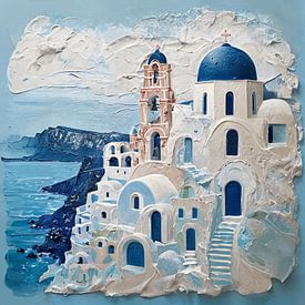 Gestructureerd acrylschilderij van een mediterraan kustdorpje van Ljupka Kareska