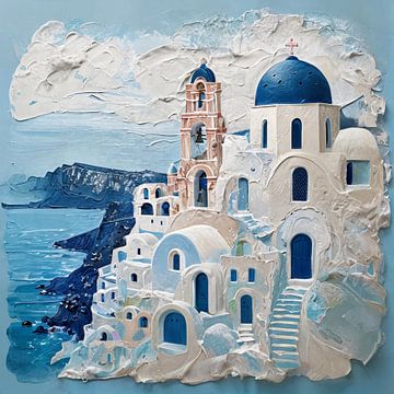 Structured acrylic painting of a Mediterranean coastal village by Ljupka Kareska