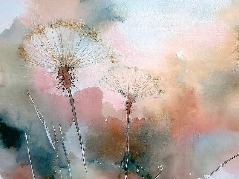 Dromerig aquarel schilderij van serene pluizenbollen (Dandelions) van Studio Pieternel