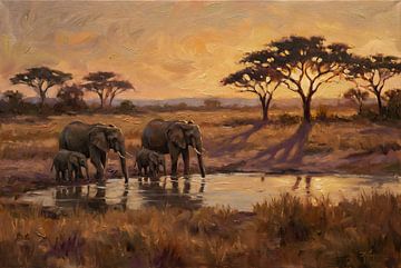 Elephants at the golden waterhole