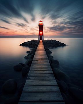 Vuurtoren bij zonsondergang van fernlichtsicht