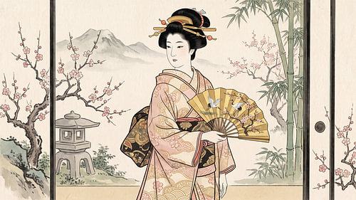Elegance in Bloom: A Geisha Amidst Japan's Timeless Spring Garden
