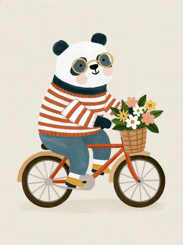 Panda auf einem Fahrrad mit Blumen im Korb