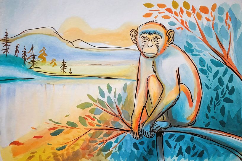Aquarelle colorée d'un singe par Imperial Art House