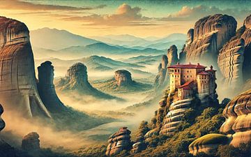 Vintage Greece, Meteora Monasteries Poster by Chromatic Fusion Studio
