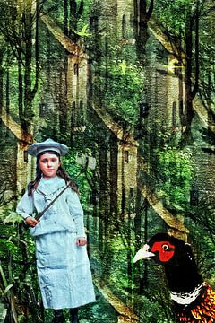 Girl with selfie-stick and pheasant