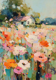 Mohnblumenwiese vor Landhaus mit pastellfarbenen Blüten von Niklas Maximilian