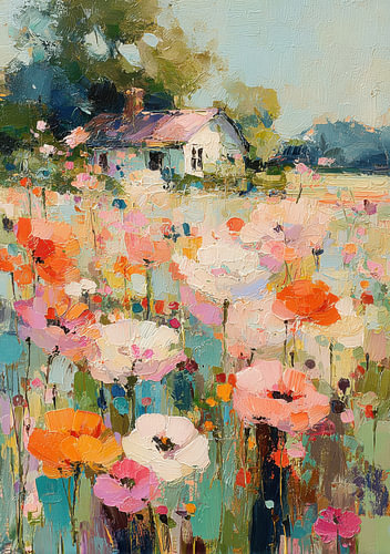A field of poppies in front of a country house, with pastel-coloured flowers by Niklas Maximilian