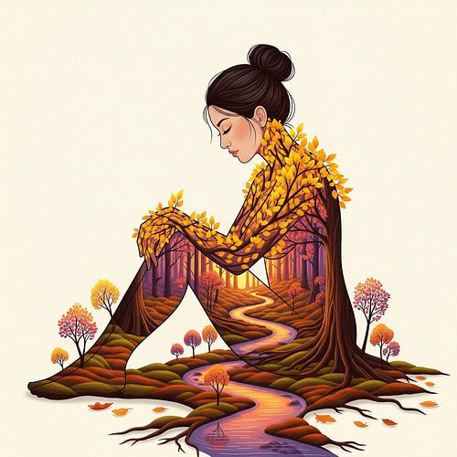 Frau umarmt die Natur mit zauberhaftem Herbstwald