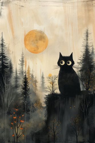 Mysterieuze Herfstavond - Zwarte Kat onder de Maan - helloween