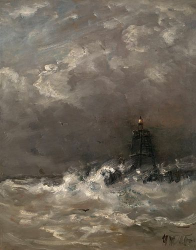 Vuurtoren in de branding, Hendrik Willem Mesdag