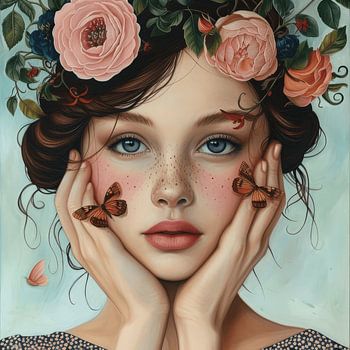 Het meisje, de bloemen en de vlinders