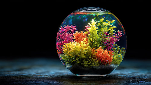 Kleurrijke waterplanten in glazen bol panorama