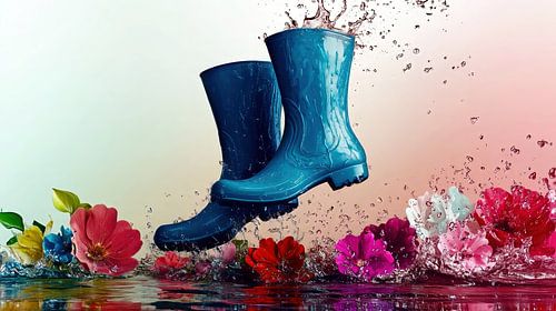 Blauwe regenlaarzen in de lenteregen