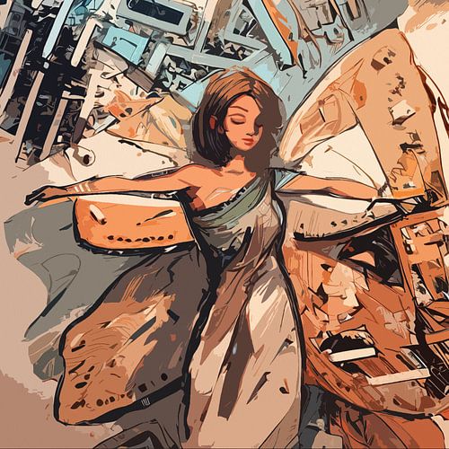 Fée semi-abstraite en techniques mixtes, brun rouille et bleu clair