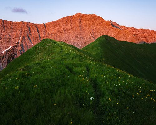 Gartnerwand mit wiese im Vordergrund. Wandern in Österreich zum Sonnenaufgang