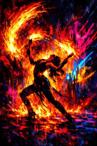 Tanz des Feuers – Expressives Wandbild mit Feuertänzerin in leuchtenden Farben