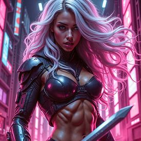 NEON AMAZON - Die blonde Frau mit dem Schwert in der Cyberpunk City von INFERAURUM