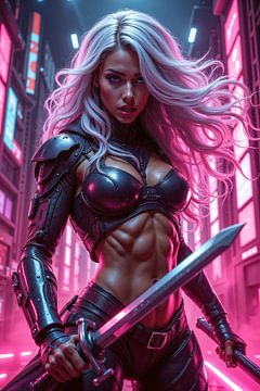 NEON AMAZON - The Blonde Woman with the Sword in the Cyberpunk City by INFERAURUM