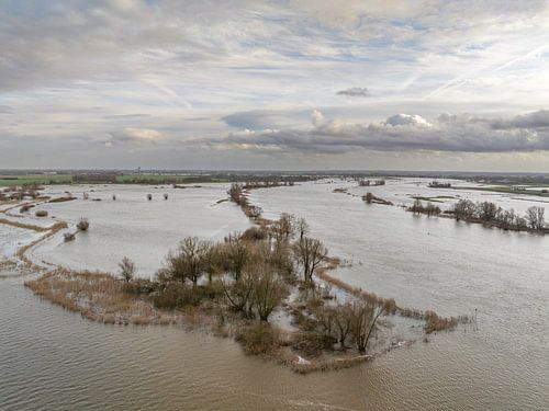 IJssel met overlopende uiterwaarden na hevige regenval