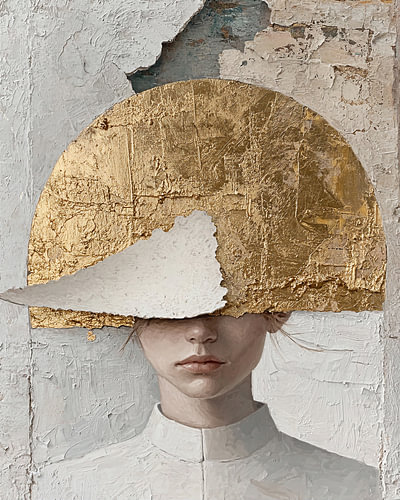 Shattered Canvas Plaster – Contemporary Textured Portrait with White Plaster and Gold Dust