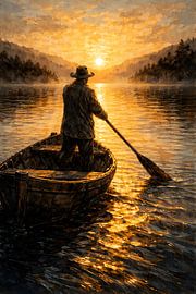 Man rowing boat sunset landscape oil painting by Faheem Beigh