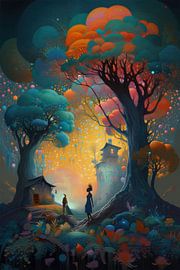 Colourful digital drawing with two trees by Digitale Schilderijen