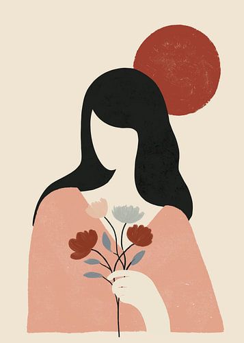 Abstracte dame met rode bloemen