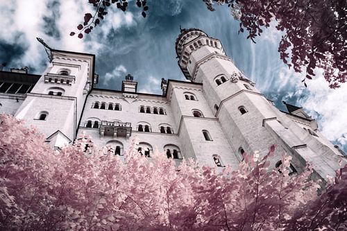 Fairy-tale Neuschwanstein castle infrared photography. Photo print.