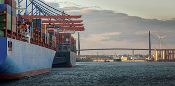 Containerterminal in de haven van Hamburg bij zonsondergang met Köhlbrand-brug