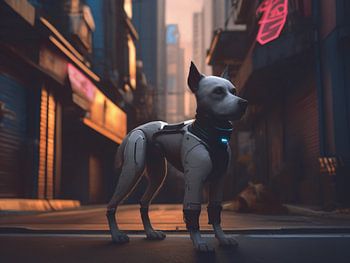 Cyberpunk dog on the street of a cyberpunk city