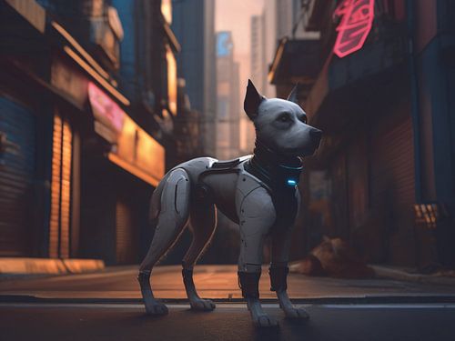 Cyberpunk dog on the street of a cyberpunk city