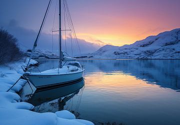 Zonsopgang in de fjord, bootlandschap van fernlichtsicht