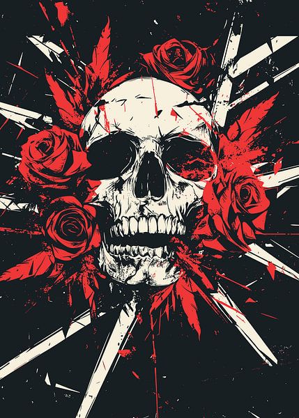 Crâne avec roses rouges et fond fragmenté par Pixelbull Design