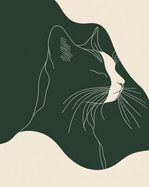 Katzenporträt in dunkelgrüner abstrakter Linienkunst von Eva Lee