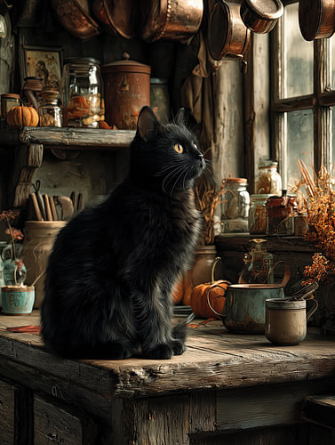 Rustige herfstochtend met een zwarte kat
