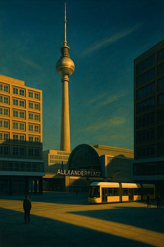 Alexanderplatz bei Sonnenuntergang: Fernsehturm und Straßenbahn im goldenen Licht