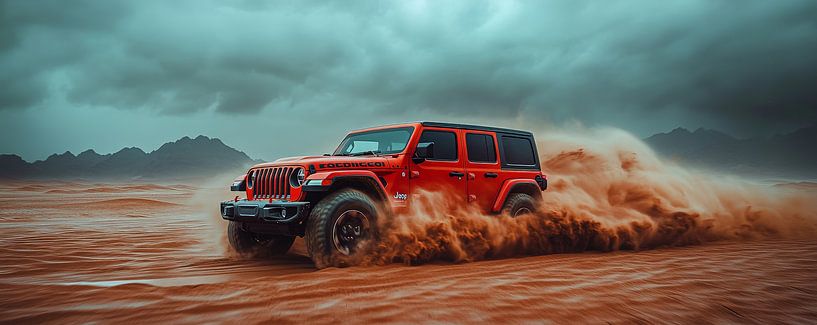Jeep Wrangler rouge au coucher du soleil dans les dunes par Jordan