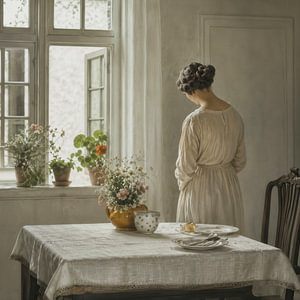 „Sunlit breakfast“  Porträt einer in Gedanken versunkenen Frau