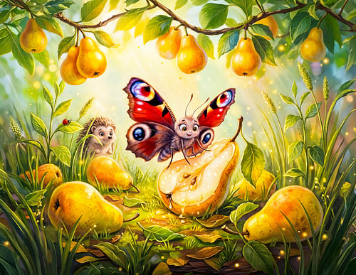 Butterfly Drinking Pear Juice While Hedgehog Watches