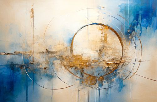 Blauw en goud cirkel - Elegant abstract schilderij