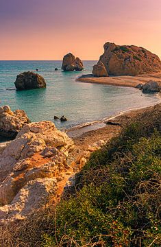 Coucher de soleil sur le rocher d'Aphrodite, Chypre