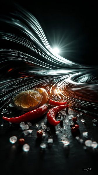 red peppers - garlic - lime - lemon on a black background with dramatic light by Gelissen Artworks