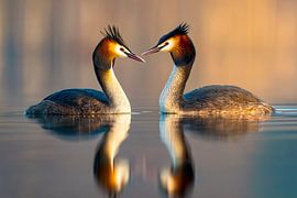 Haubentaucher-Paar (Podiceps cristatus) im Morgenlicht