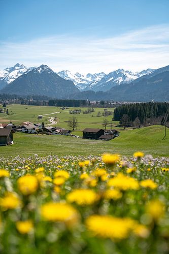 Lente met sneeuw in de Allgäuer bergen en uitzicht op Oberstdorf