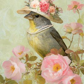 Bird with flower hat in soft spring colours by But First Framing
