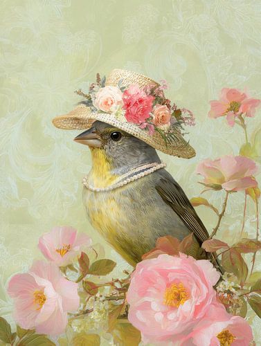 Vogel met bloemenhoed in zachte lentekleuren van But First Framing