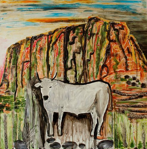 Free white bull in the mountain of Tuscany