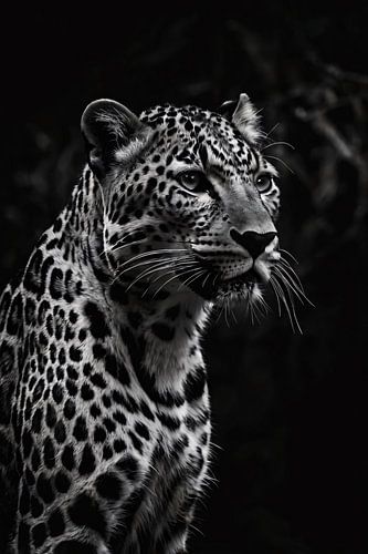 Zwart-wit foto van een majestueuze luipaard
