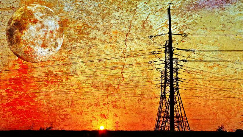 Lignes à haute tension et pylônes électriques au lever du soleil mixed media par Werner Lehmann